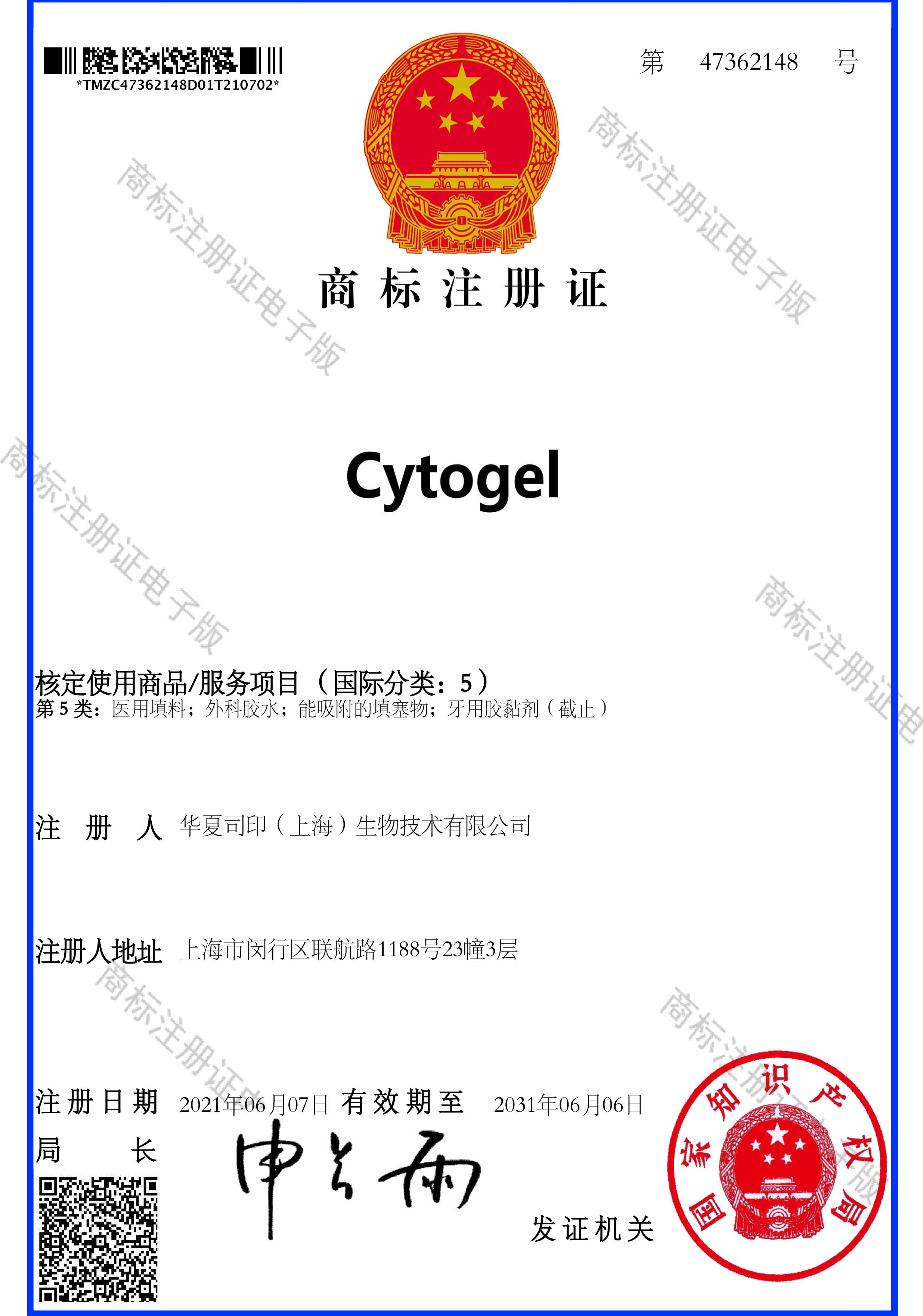 Cytogel trademark registration certificate